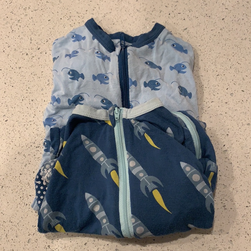 KicKee Pants zip up pajamas - lot of 2 pairs, rockets and fish, size 0-3mo